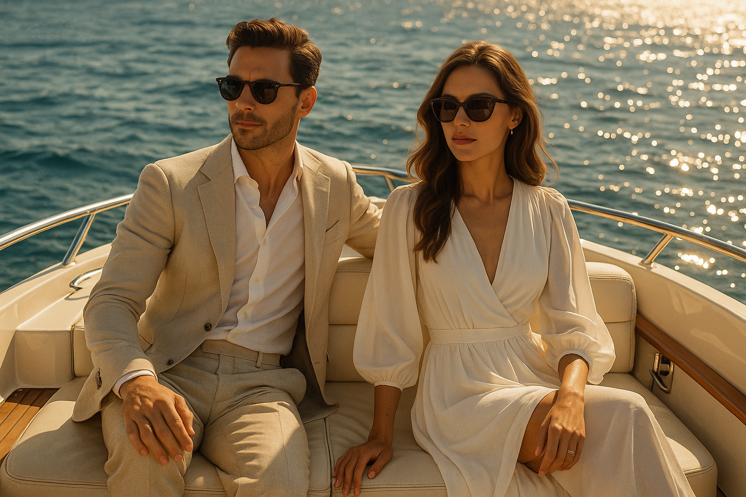 “A stylish couple on a luxurious motor yacht on a sunny summer day. The man wears a tailored light-linen suit and designer sunglasses, while the woman wears a flowing white designer dress and elegant sunglasses. The atmosphere radiates wealth, style, and exclusivity. Crystal-blue ocean in the background, gentle waves, and golden sunlight sparkling on the water. High-resolution, realistic details, warm golden lighting, lifestyle-magazine aesthetic.”